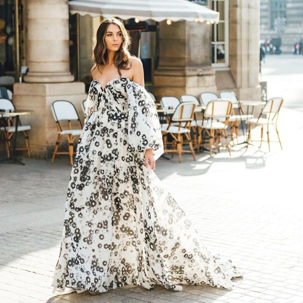 Monique Lhuillier RTW Silk Floral Bridal Gown Off-The-Shoulder Puff Sleeves NWT